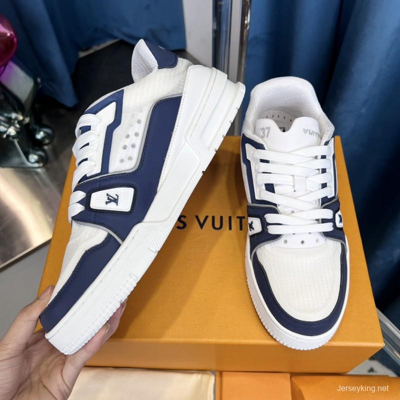 2025 Unisex Louis Vuitton White Navy Leather Sneakers