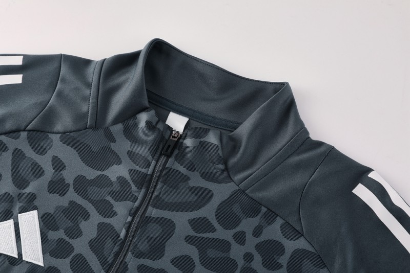 2025 Adidas Dark Grey & Black with Leopard Print Pattern and Orange Accents Half Zipper Jacket +Long Pants