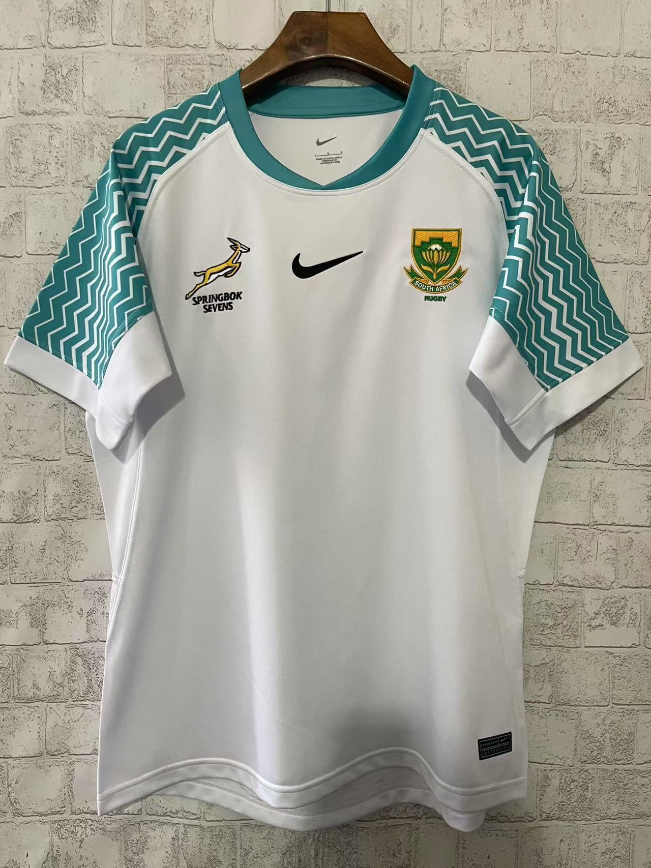 25/26 South Africa Springbok Sevens White with Teal Chevron Sleeves Jersey