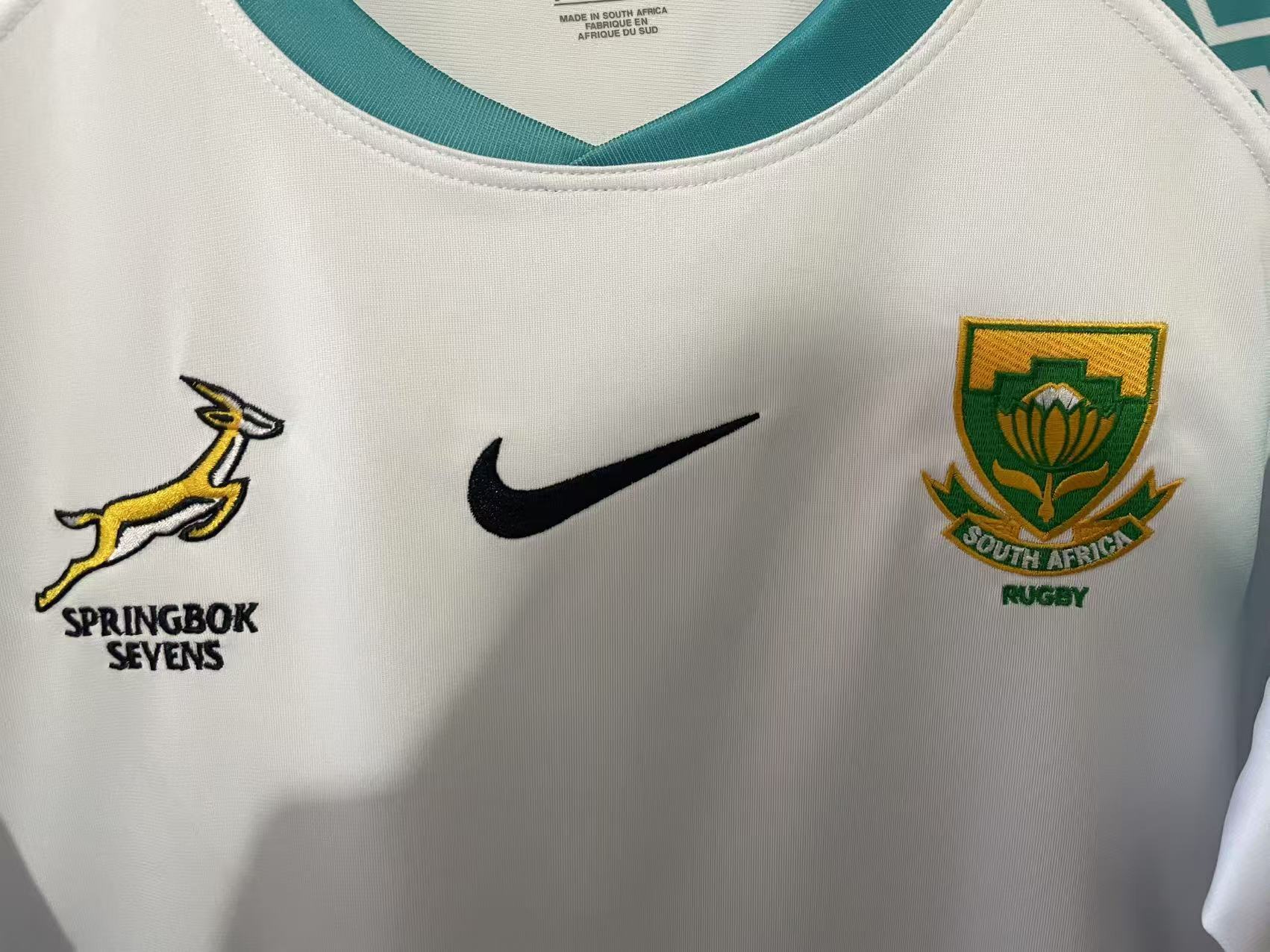 25/26 South Africa Springbok Sevens White with Teal Chevron Sleeves Jersey