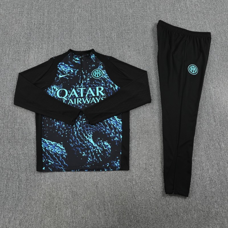 Player Version 25/26 Inter Milan Black with Blue Water Splash Pattern Half Zipper Jacket Tracksuit +Long Pants