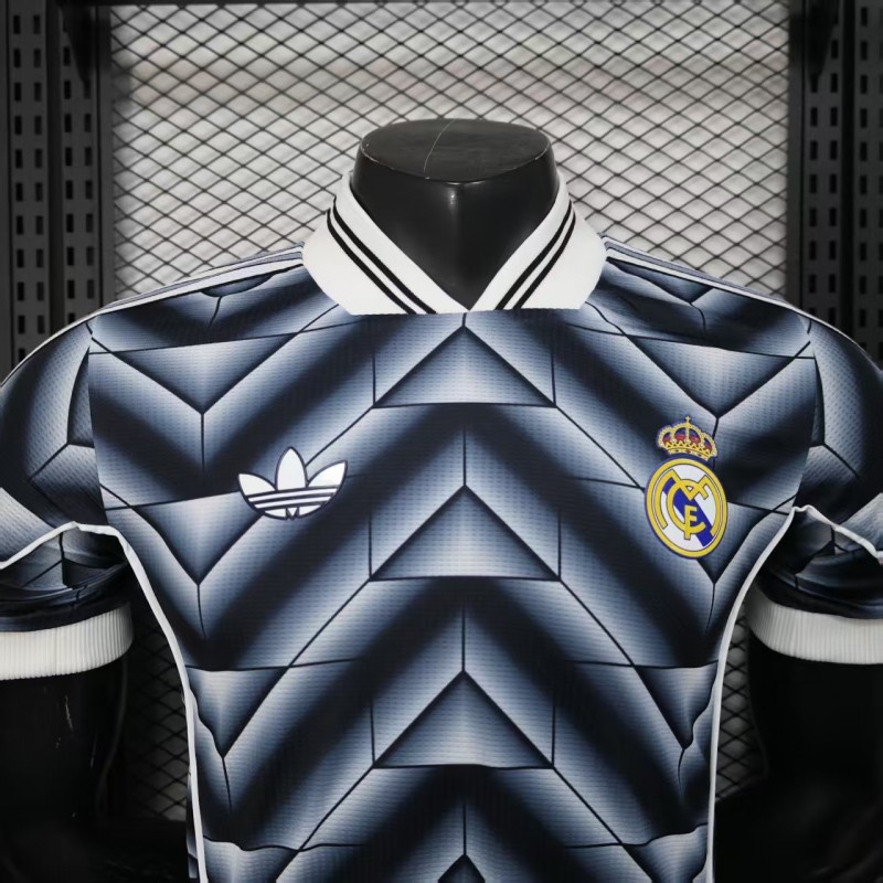 Player Version  1988/89 Real Madrid Third Navy Blue with 3D Geometric Chevron Pattern Jersey