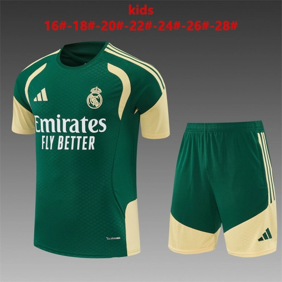 2026 Kids Real Madrid Green & Cream  Short Sleeve+Soccer Shorts