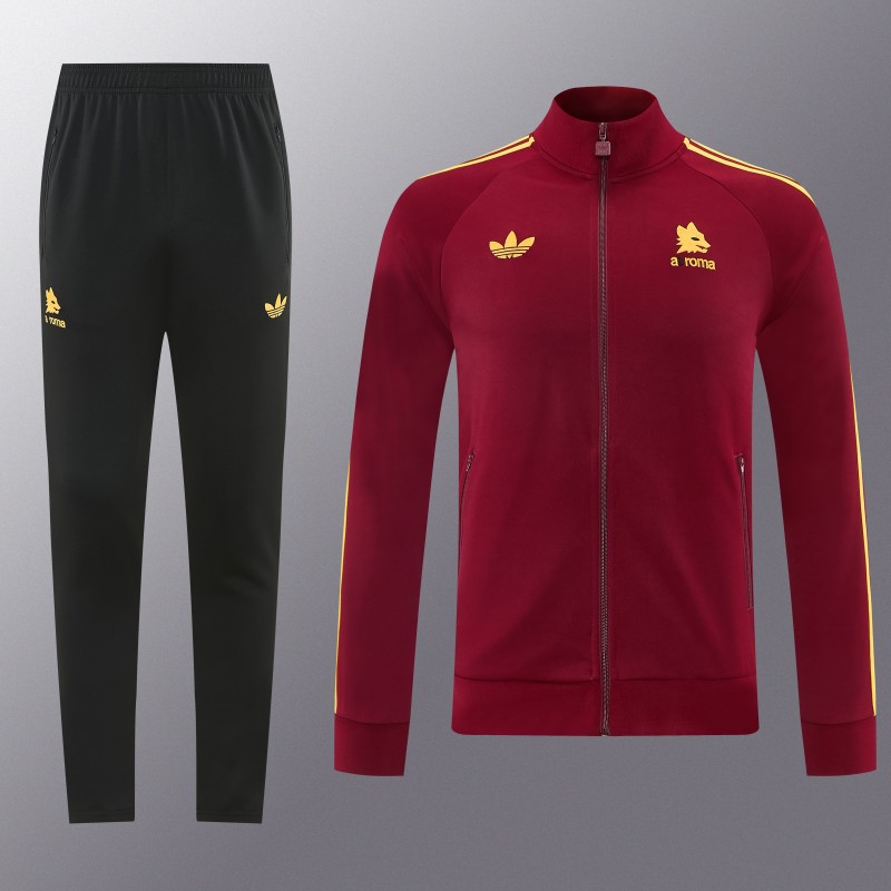 2026/27 AS Roma Burgundy & Gold Full Zipper Jacket Tracksuit +Black  Long Pants