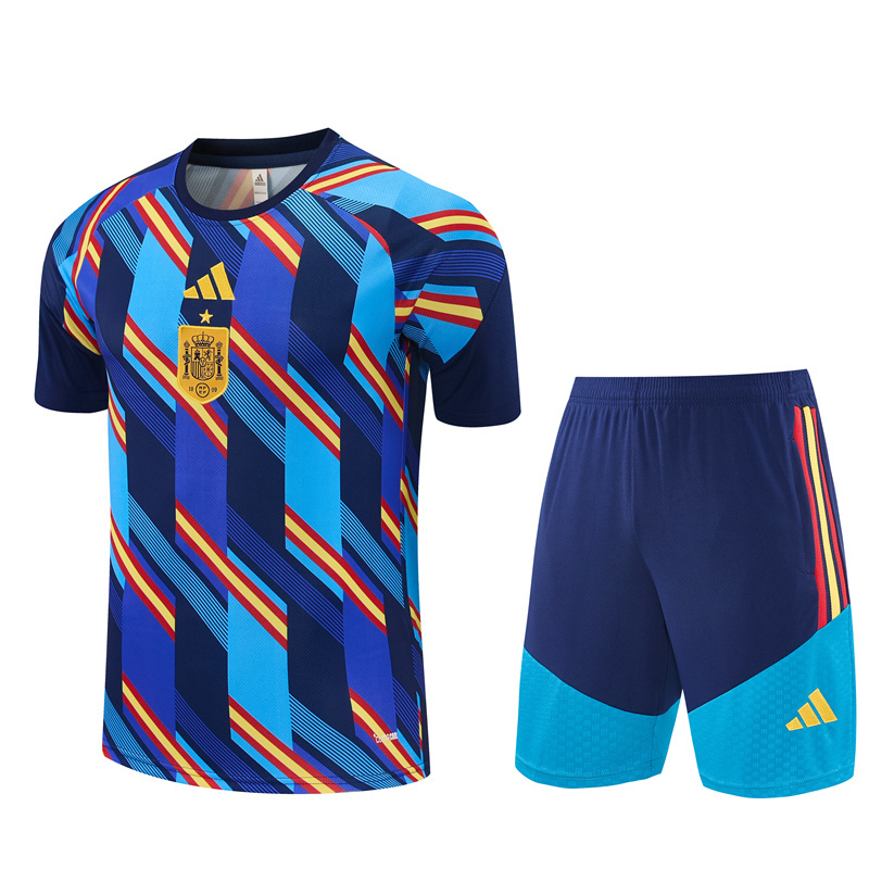 2026 Spain Navy Blue Multi-Color Diagonal Stripe Short Sleeve+Soccer Shorts
