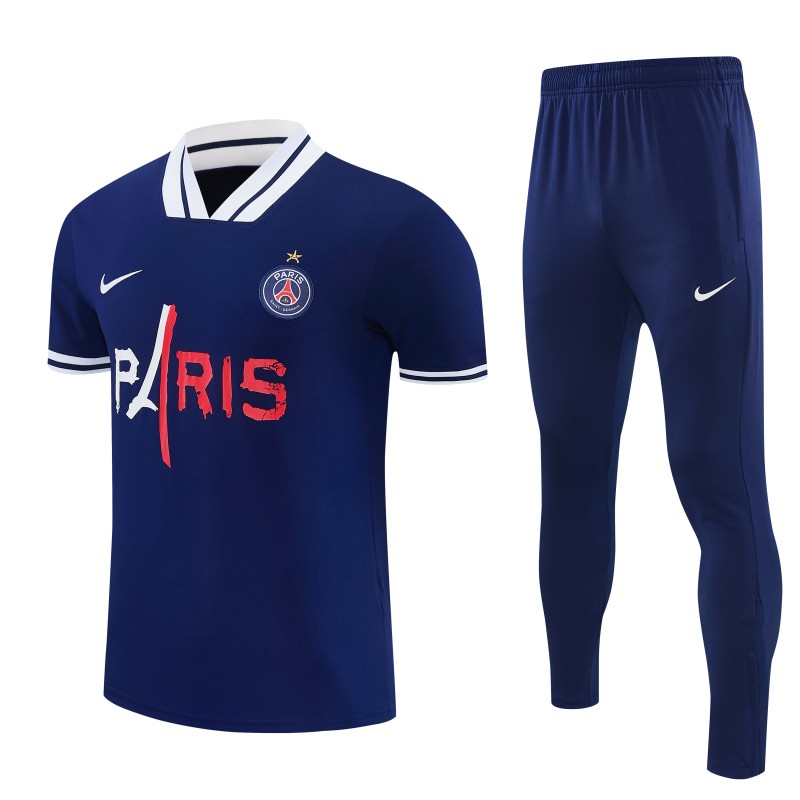 26/27 Paris Saint-Germain Navy Blue with "PARIS" Eiffel Tower Short Sleeve Tracksuit + Long Pants