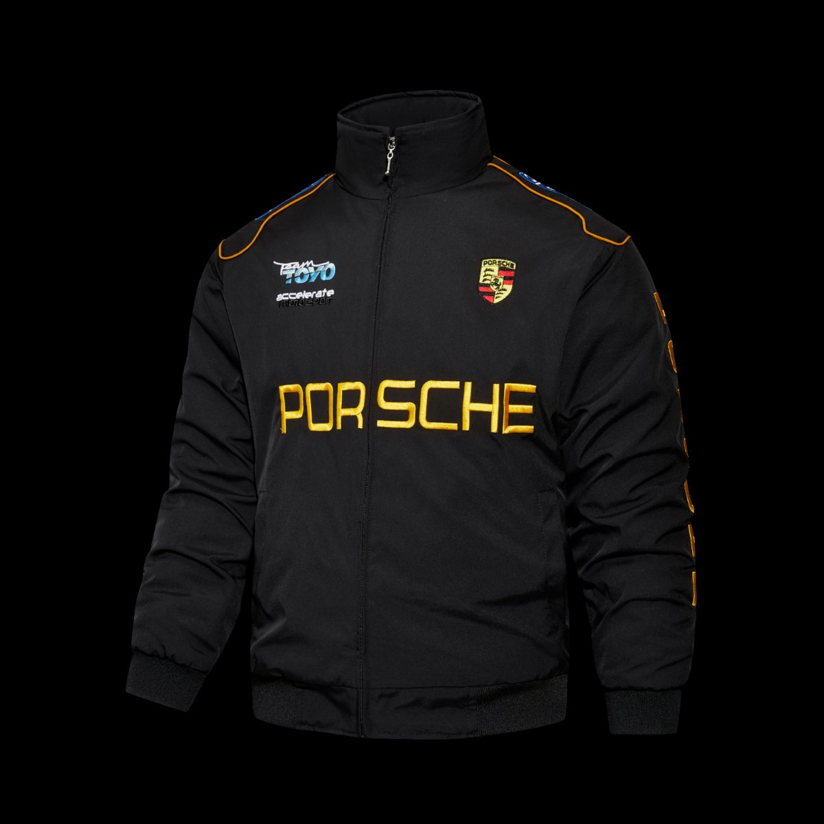 2026 F1 Porsche Motorsport Black Racing Jacket with Gold Lettering and Crest Badge