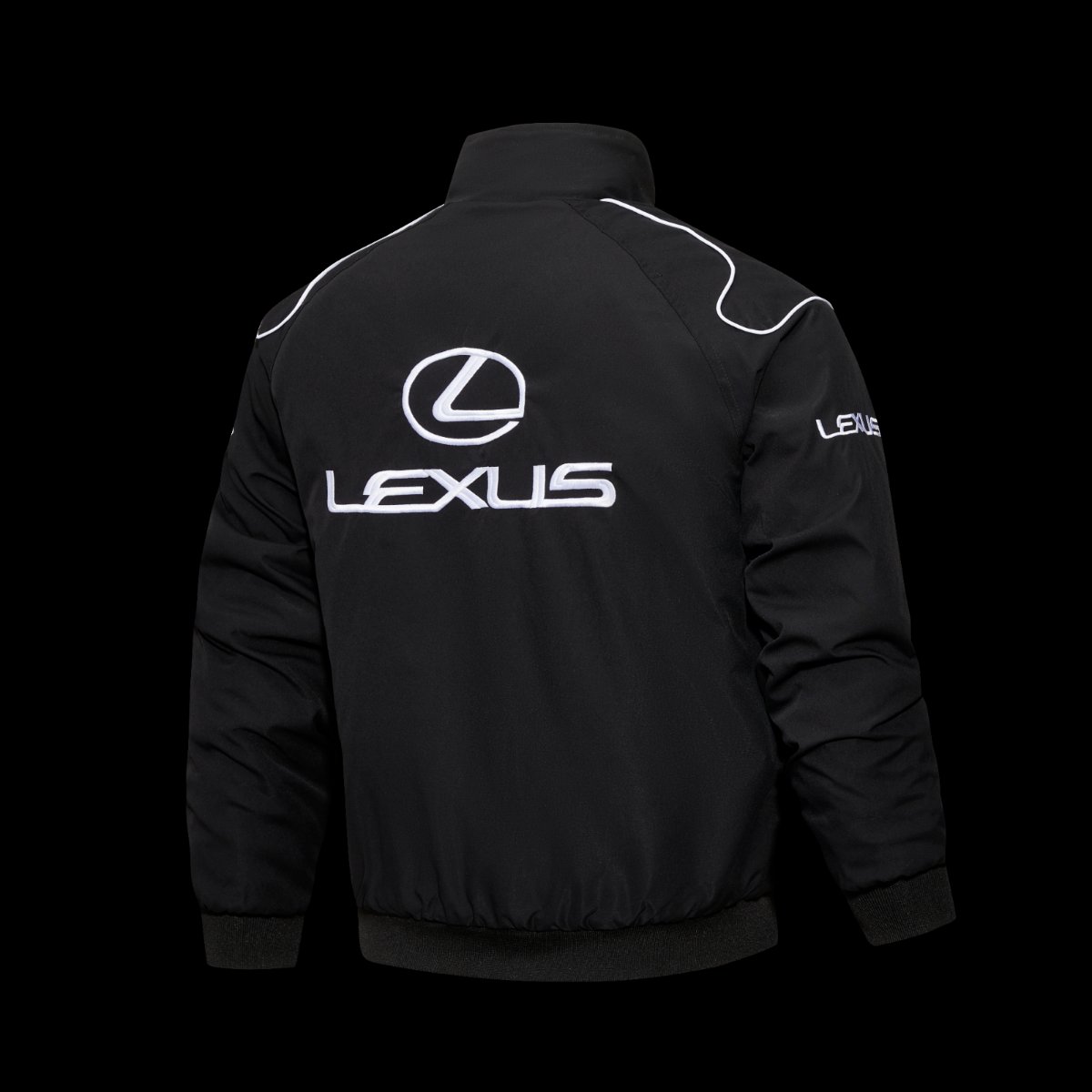 2026 F1 Lexus Black Racing Jacket with White Logo Embroidery and Piping Details