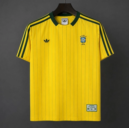 2026 Adidas Originals Brazil Vintage Pinstripe Yellow Jersey