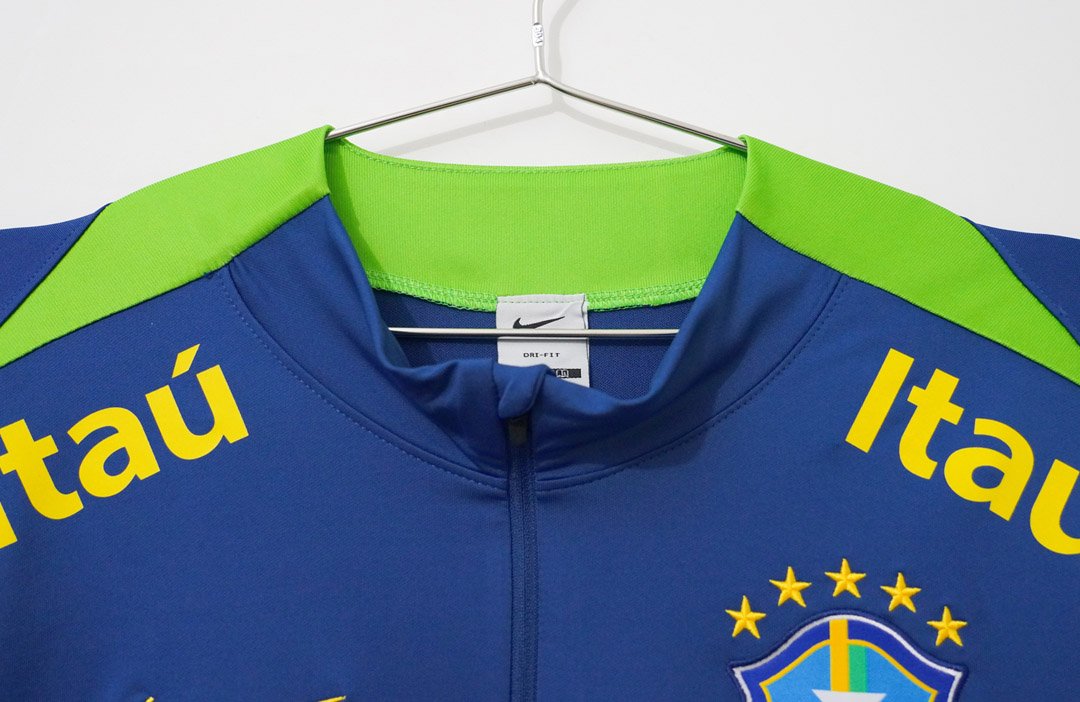 2024 Brazil Navy Blue with Lime Green Long Sleeve Half-Zip Training Top
